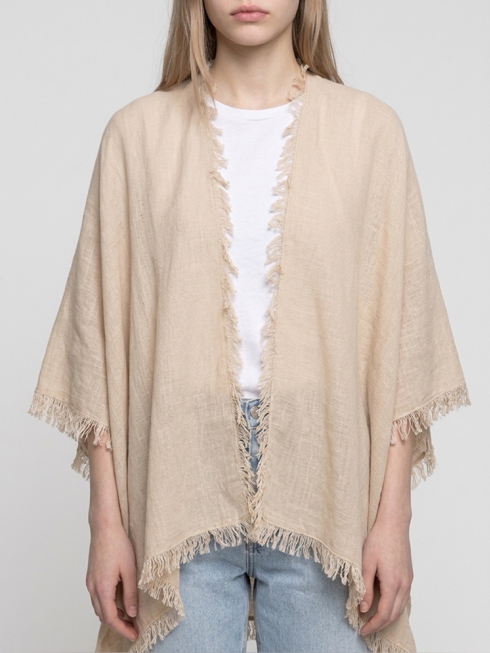NWT Pholya Beige Fringed Open-Front Shawl Jacket